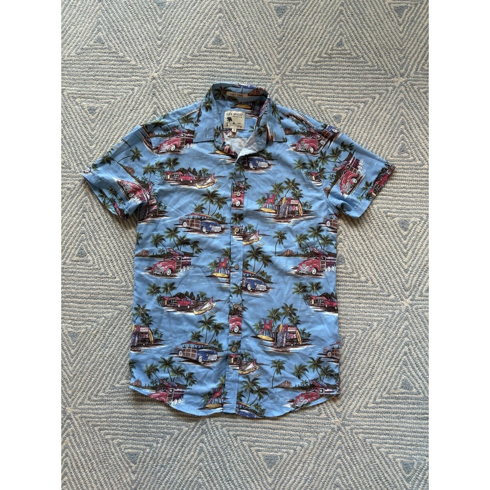 Alex Vando Premium Short Sleeve Polyester Hawaiian Shirt - Blue - Small‎